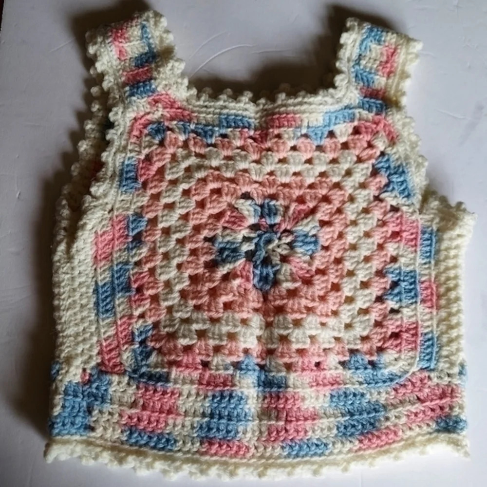 Vintage Y2K Blue Pink White Grannycore Granny Square Crocheted Crop Sweater … - Picture 12 of 12